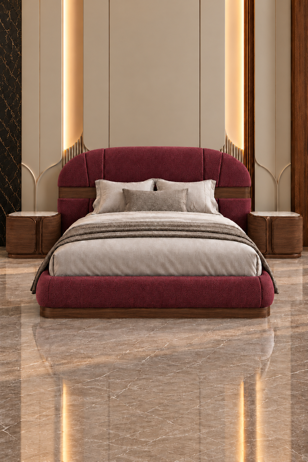 Three-quarter view of Aurevia Crest Bed Set with sculpted burgundy boucle headboard and warm wood side tables