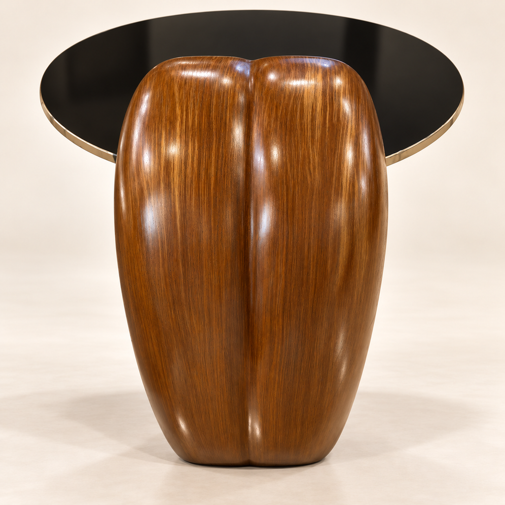 Retouched rear view of the Aurum side table's sculptural sheesham-finish base and black glass top.