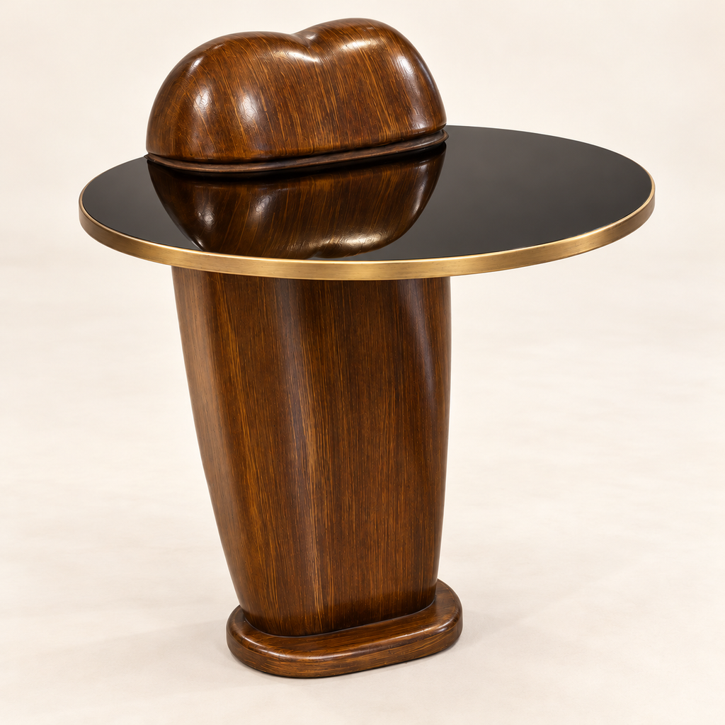 Retouched Aurum round side table with black glass top, gold-tone rim and sculptural sheesham-finish base.