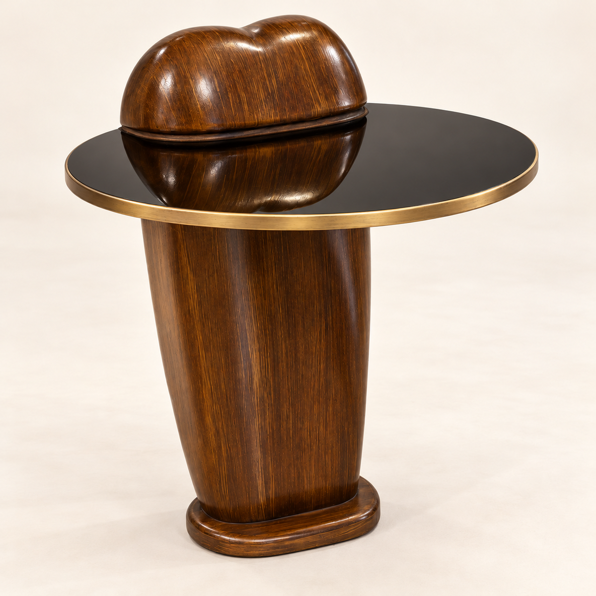 Retouched Aurum round side table with black glass top, gold-tone rim and sculptural sheesham-finish base.