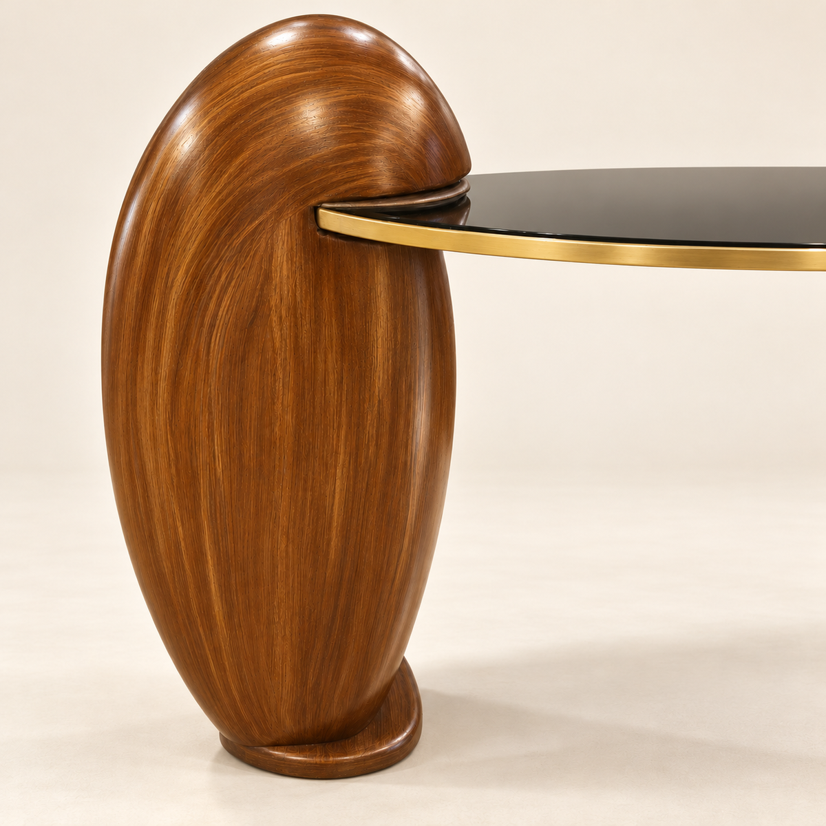 Retouched side profile showing the Aurum table's curved pedestal in a sheesham wood finish.