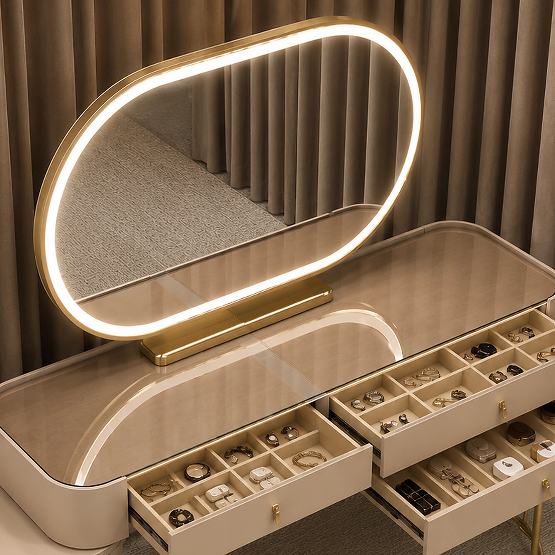 Aveline Arc designer ivory vanity with organic LED mirror, glass top and champagne gold detailing - Z Galleria