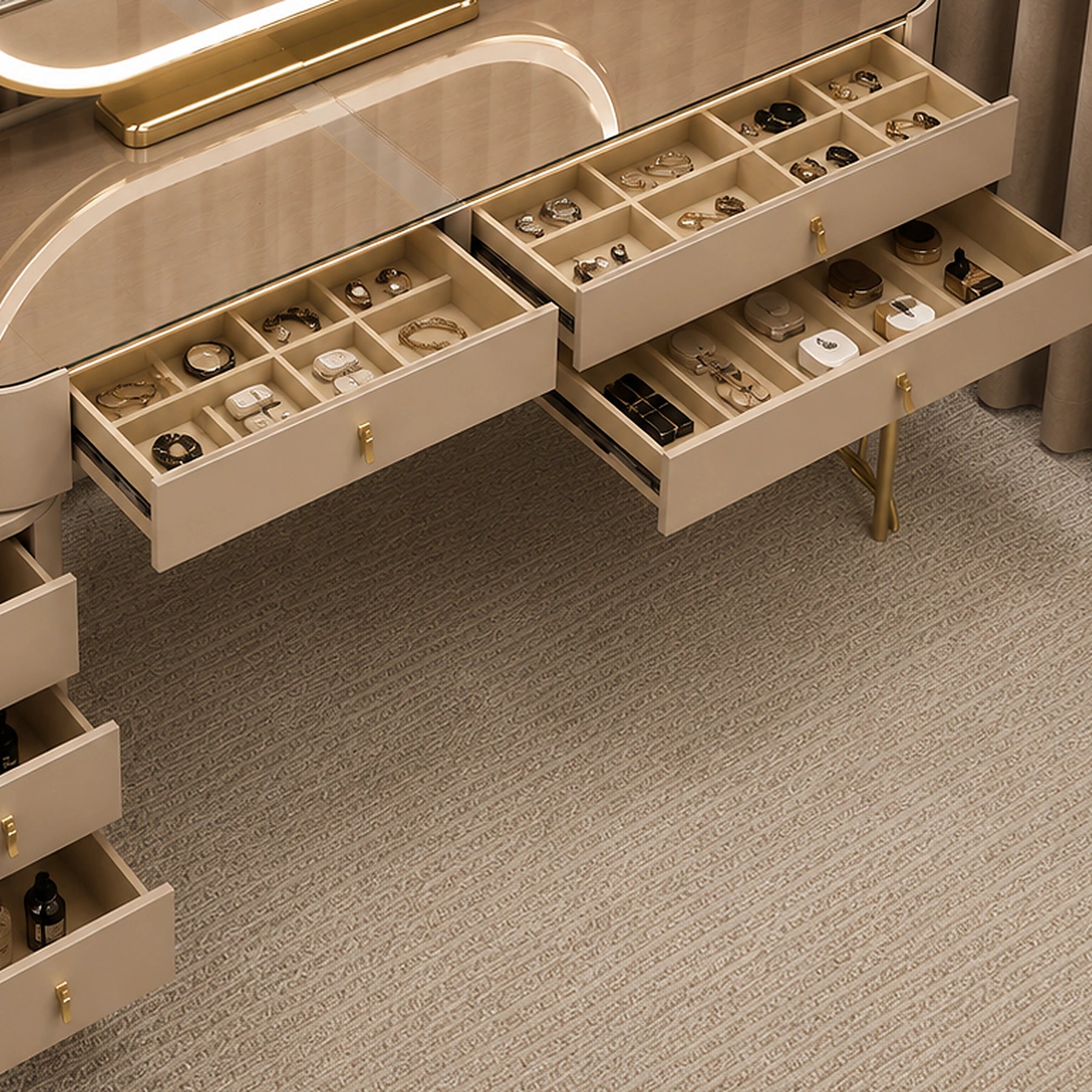 Aveline Arc dressing table with open jewellery organiser drawers and MDF storage drawers - Z Galleria
