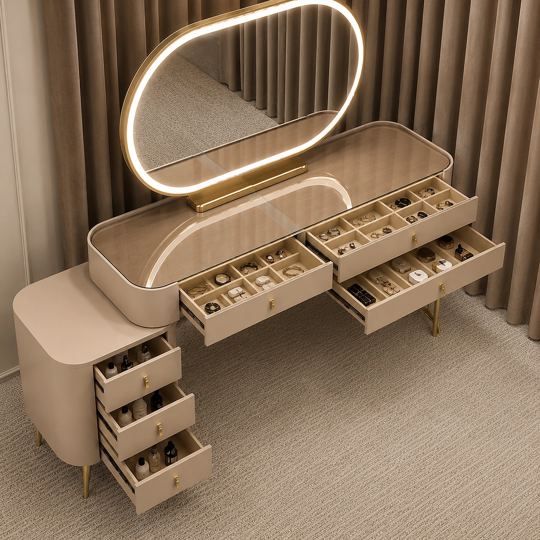 Aveline Arc modern luxury dressing table with illuminated mirror in warm ivory and gold - Z Galleria