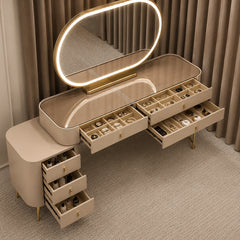 Aveline Arc modern luxury dressing table with illuminated mirror in warm ivory and gold - Z Galleria