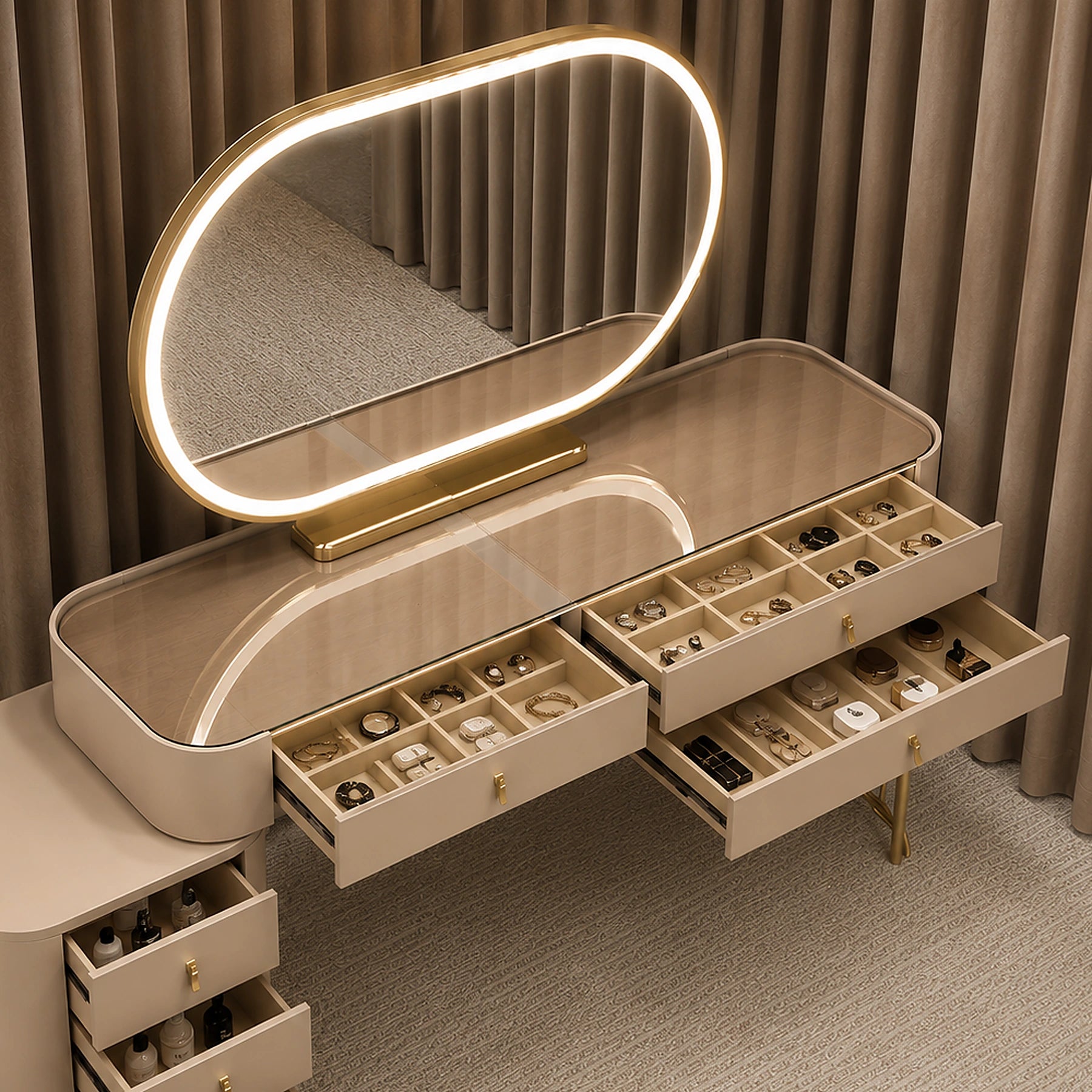 Aveline Arc LED mirror vanity dressing table with Deco paint finish and solid Kikar wood structure - Z Galleria