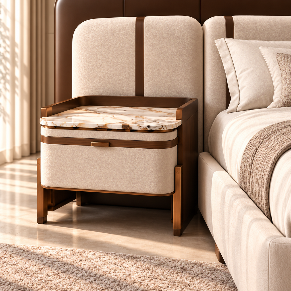 Aveline Panel Bed Set marble top side table detail - Z Galleria