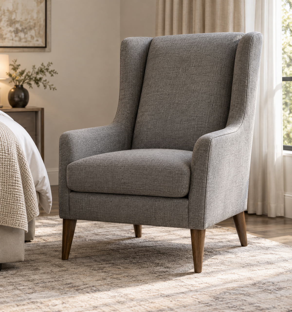 Grey fabric bedroom lounge chair with tapered wooden legs by Z Galleria