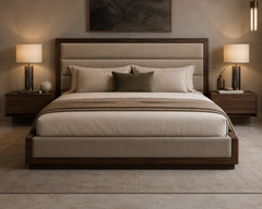 Caldera Frame King Bed front view with tailored upholstered footboard and dark wood surround