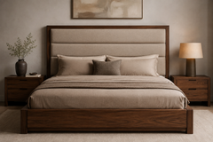 Caldera Frame King Bed front view with smoked wood frame and neutral upholstery