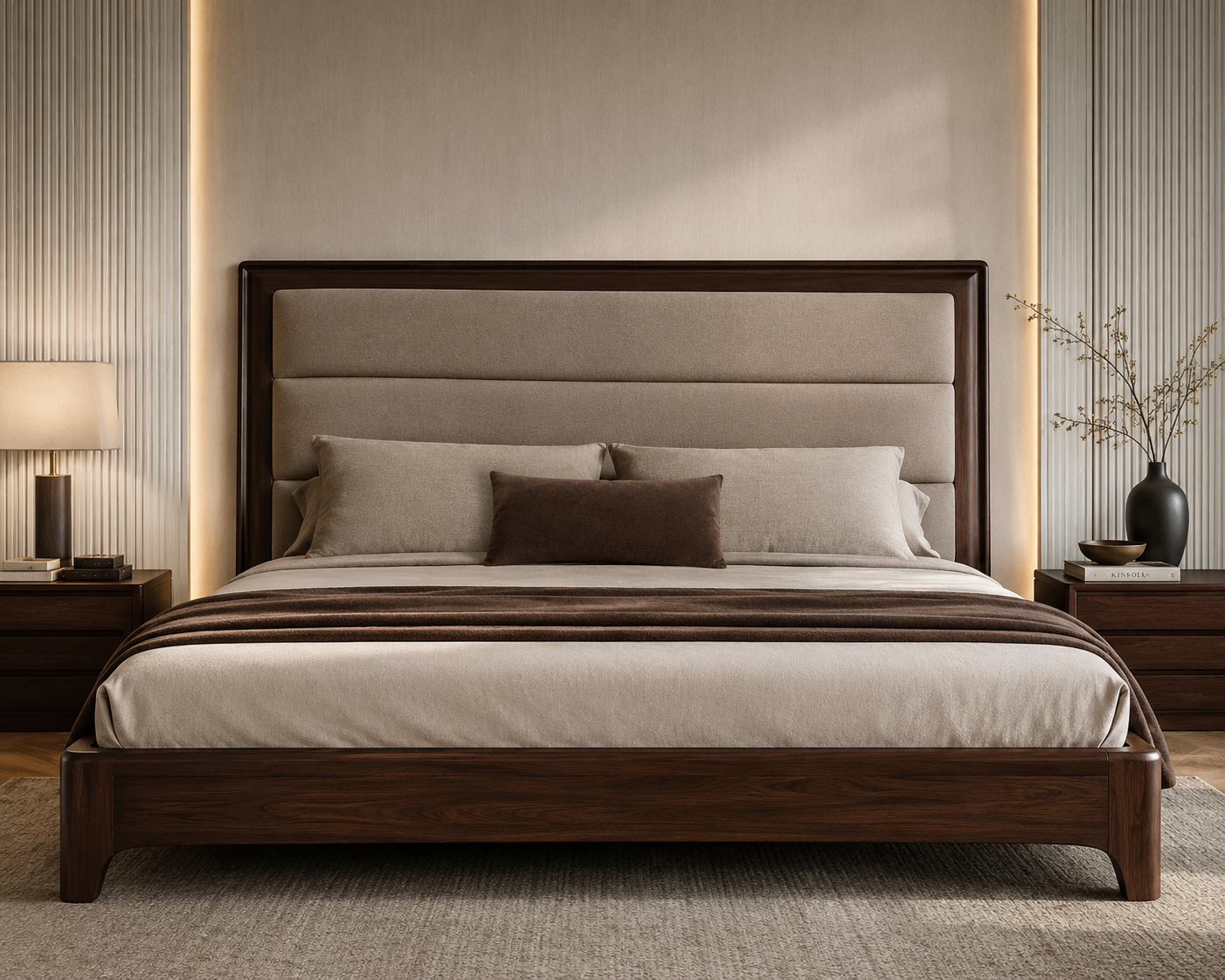Caldera Frame King Bed in warm oatmeal upholstery with a dark wood frame