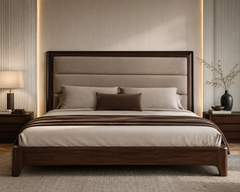 Caldera Frame King Bed in warm oatmeal upholstery with a dark wood frame