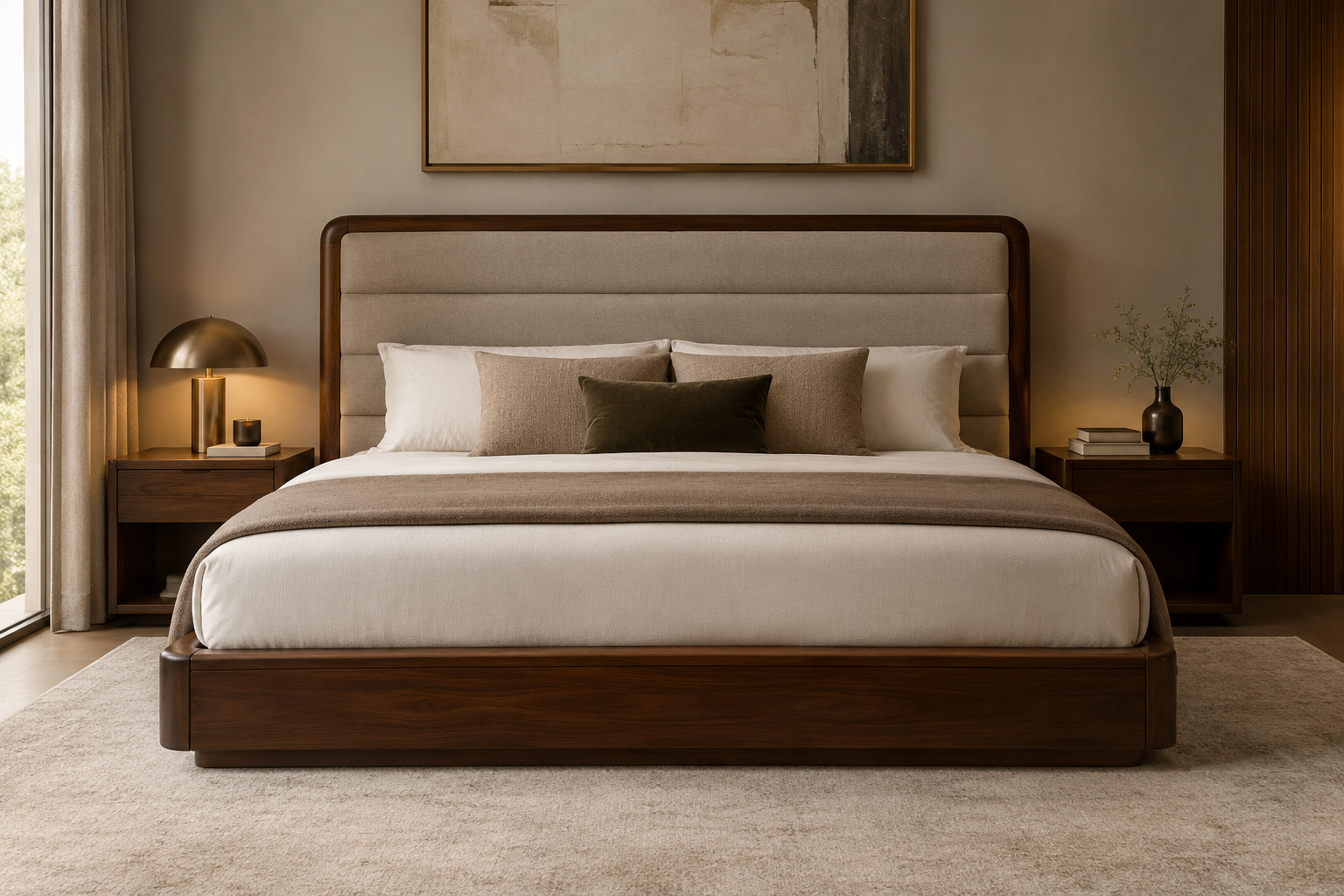 Caldera Frame King Bed with softly rounded dark wood frame and oatmeal upholstered headboard