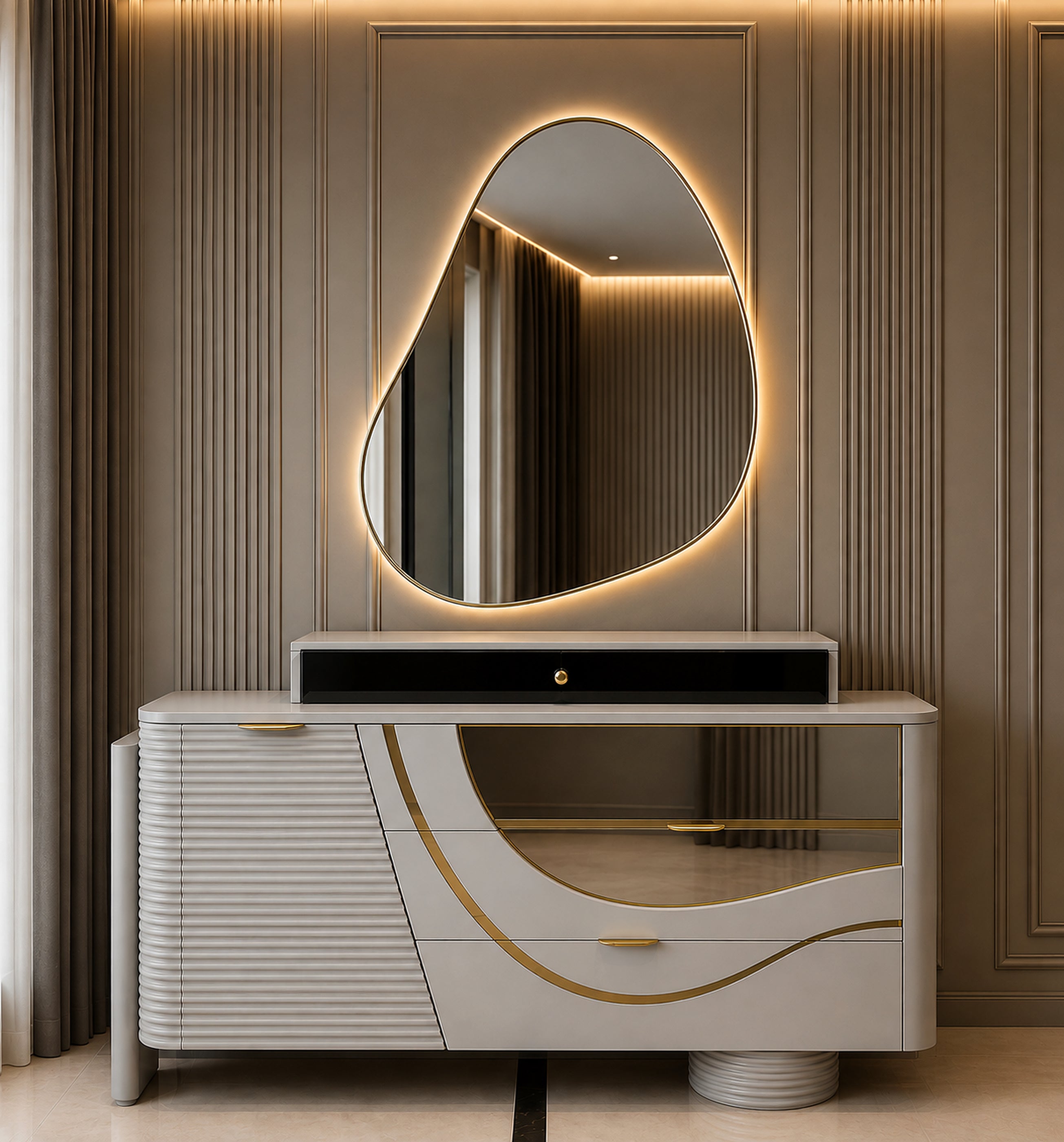 Celeste Wave luxury ivory dressing table with organic illuminated mirror and stainless steel detailing by Z Galleria