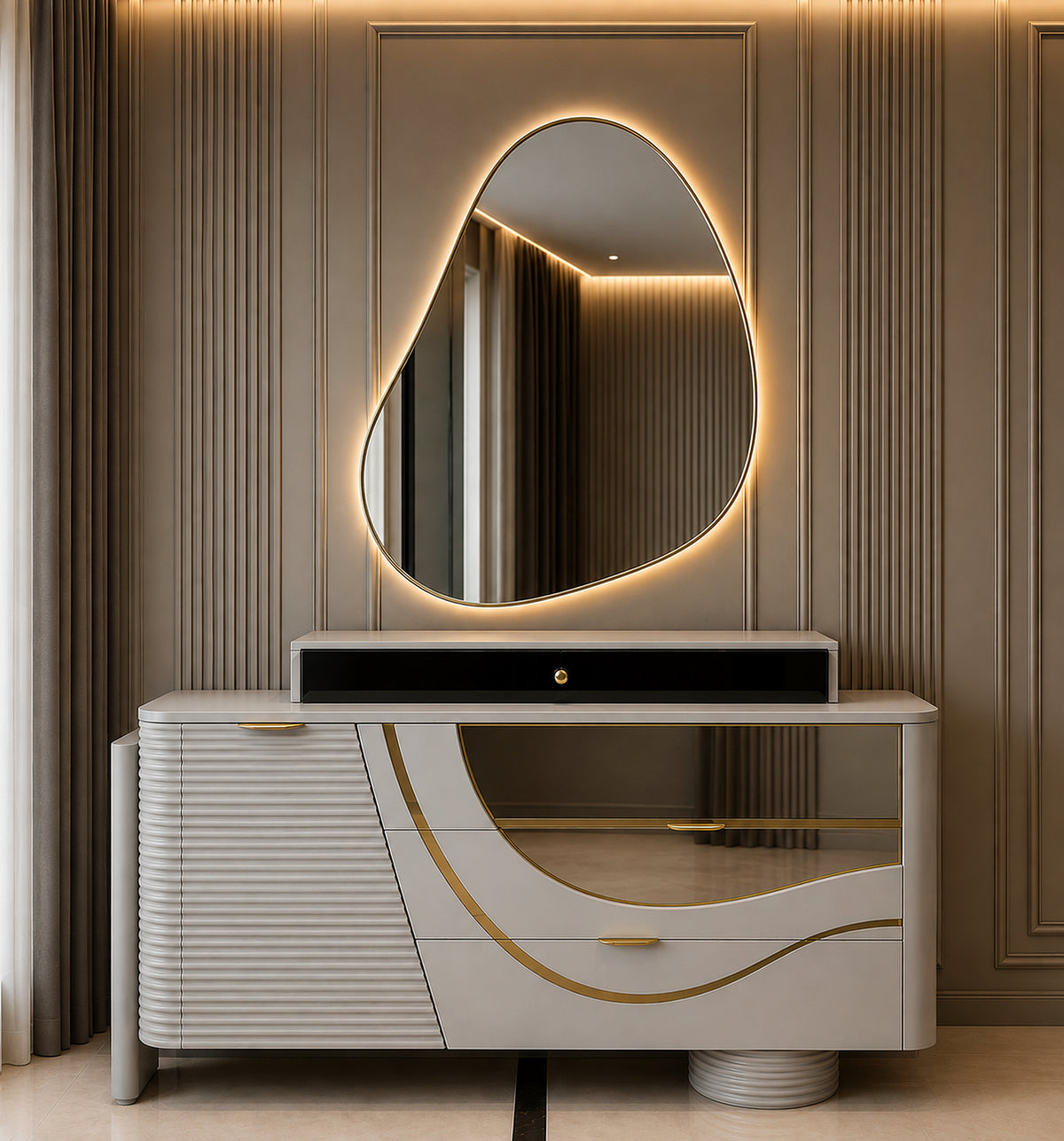 Celeste Wave luxury ivory dressing table with organic illuminated mirror and stainless steel detailing by Z Galleria