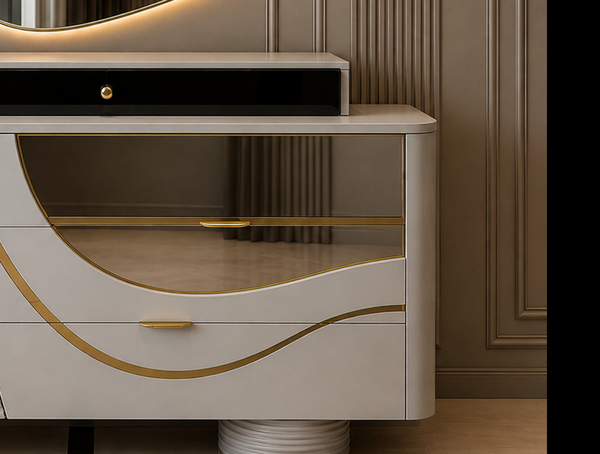Celeste Wave sculptural wave drawer detail with stainless steel trim and ivory finish by Z Galleria