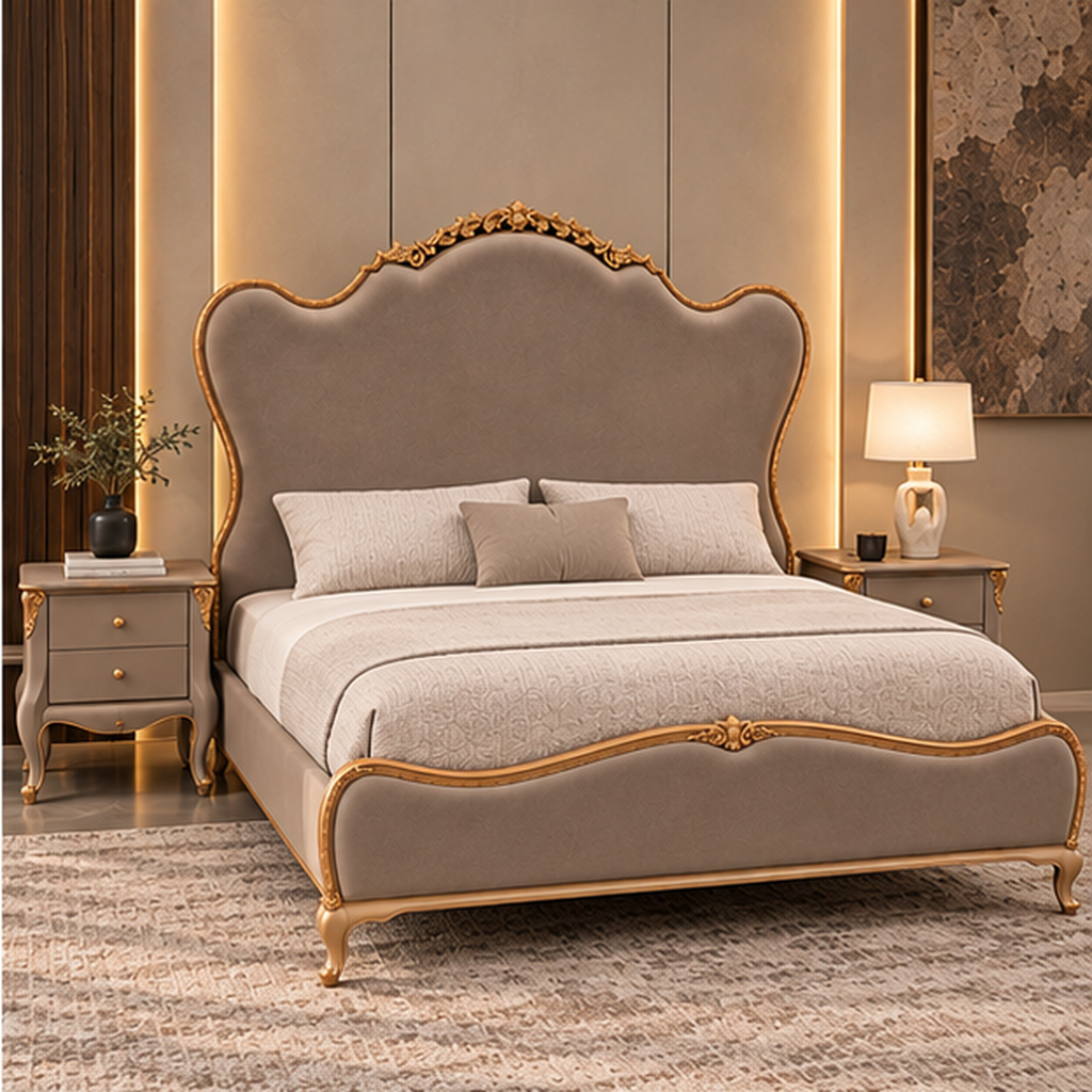 Three-quarter view of Celestine Crest Bed Set with sculpted headboard, boucle upholstery and matching side tables