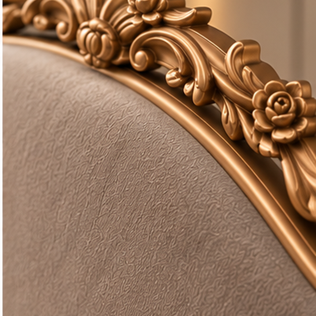 Close-up of boucle upholstery and gold-finished carved solid wood detailing on Celestine Crest Bed Set