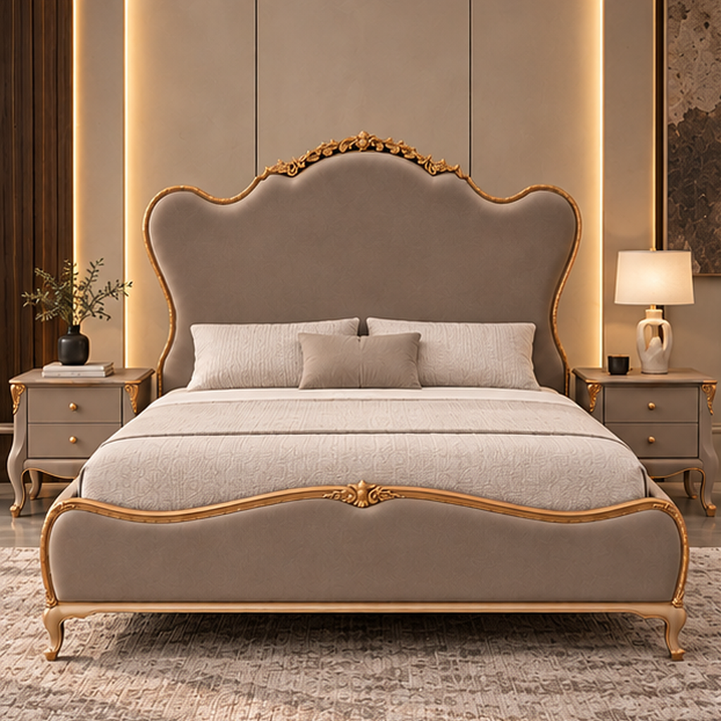 Celestine Crest Bed Set front view in taupe boucle with gold-finished solid wood detailing - Z Galleria