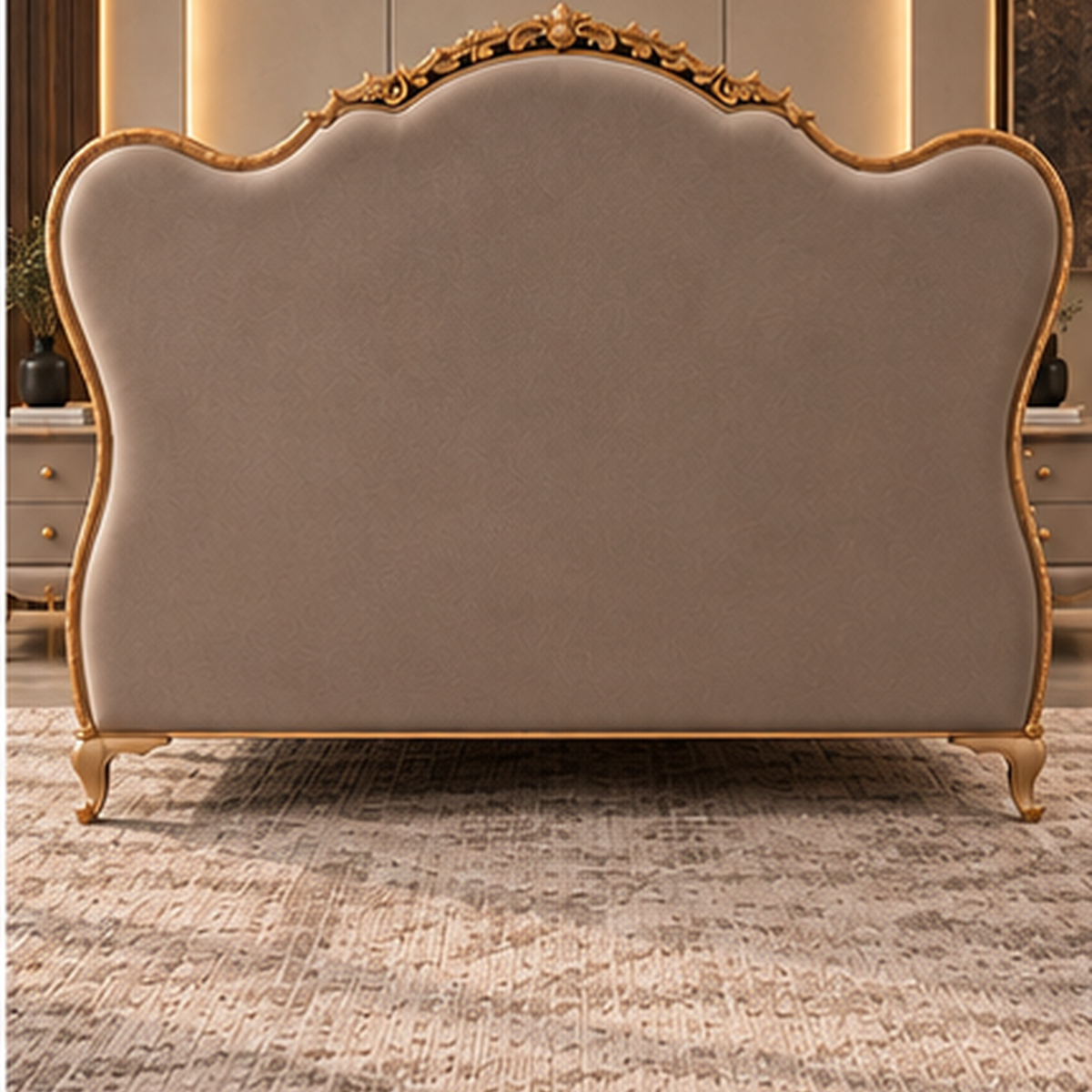 Rear view of Celestine Crest Bed Set showing sculpted upholstered headboard and solid wood frame