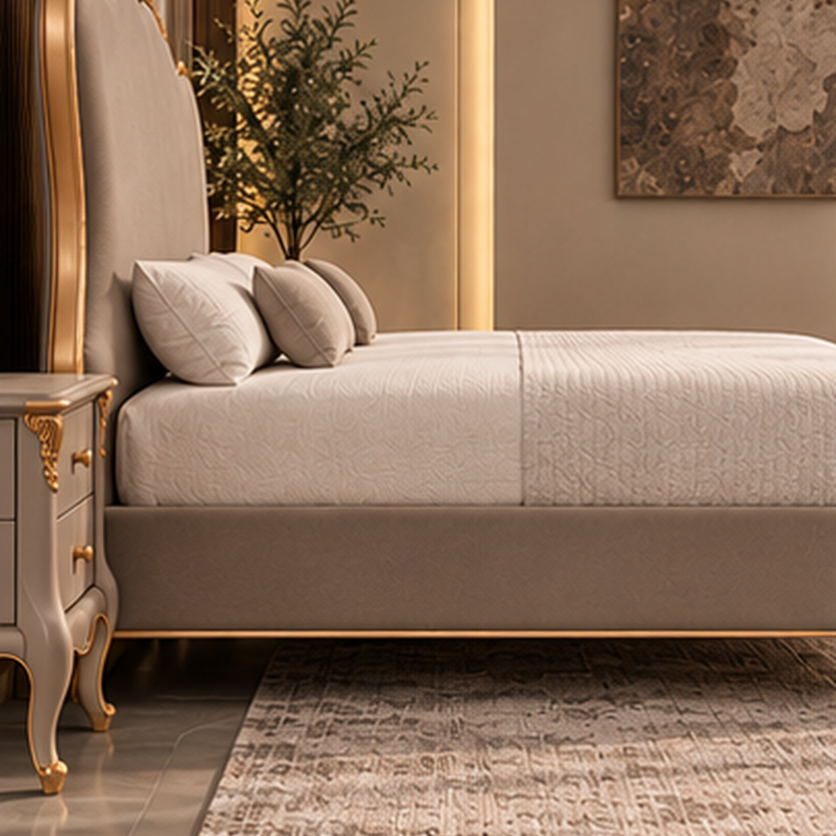 Side view of Celestine Crest Bed Set showing upholstered profile and gold-finished solid wood frame