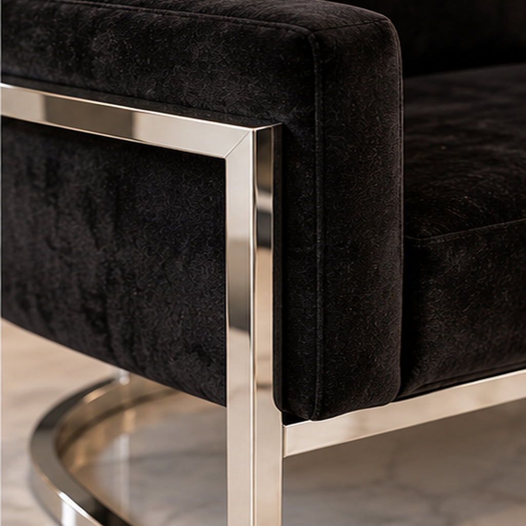 Continental Accent Chair chrome frame and black velvet material close-up