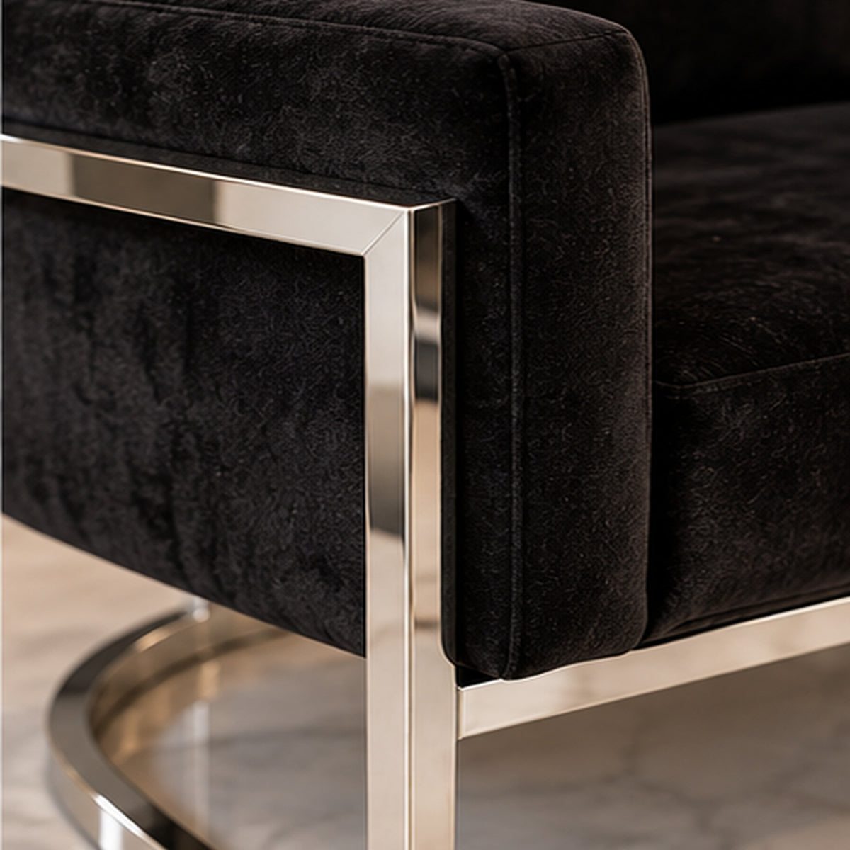 Continental Accent Chair chrome frame and black velvet material close-up