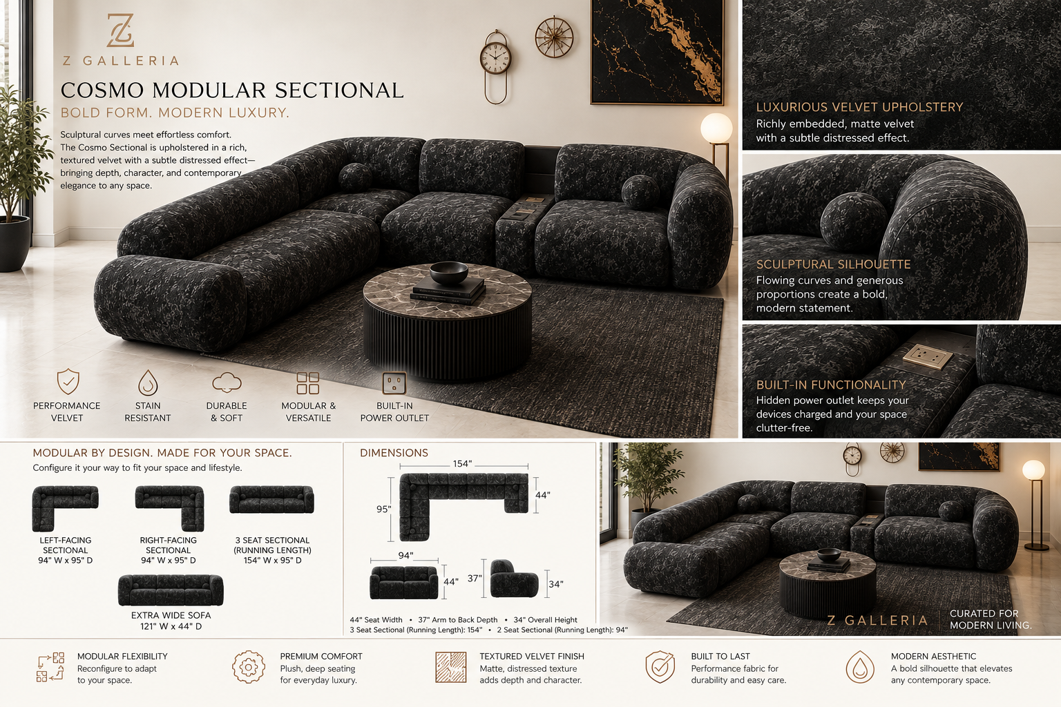 Cosmo Modular Velvet Sectional Sofa product specification and lifestyle layout by Z Galleria