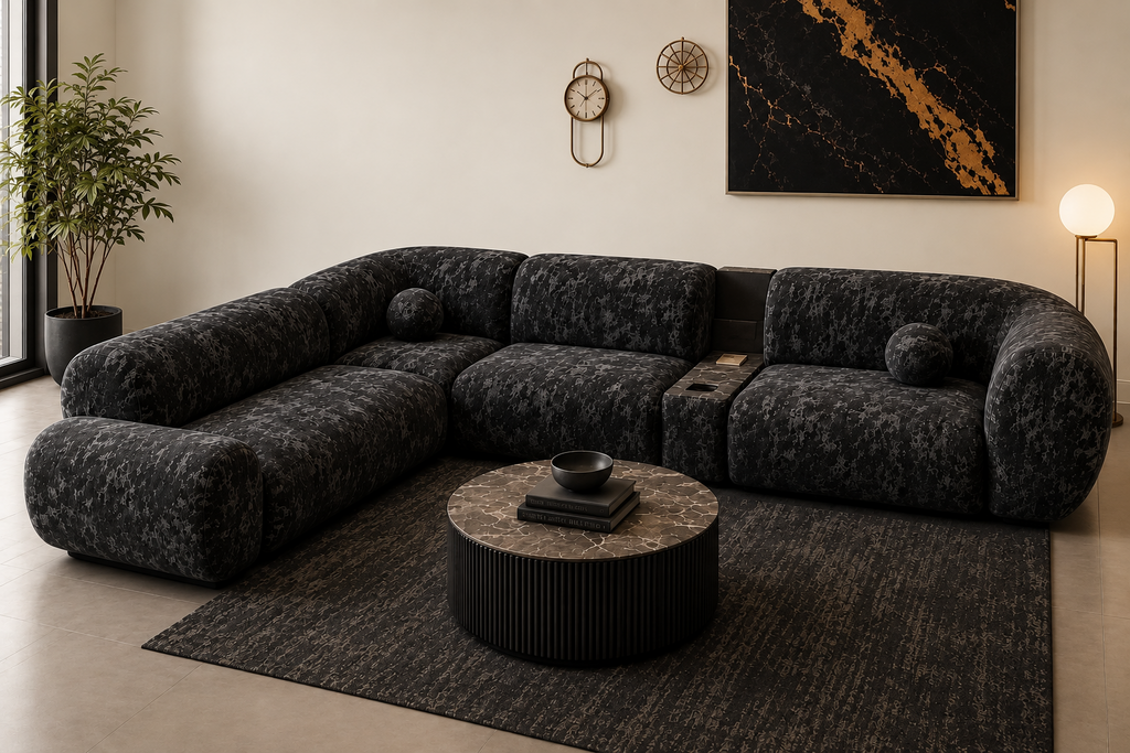 Cosmo Modular Velvet Sectional Sofa in an off-white luxury living room by Z Galleria
