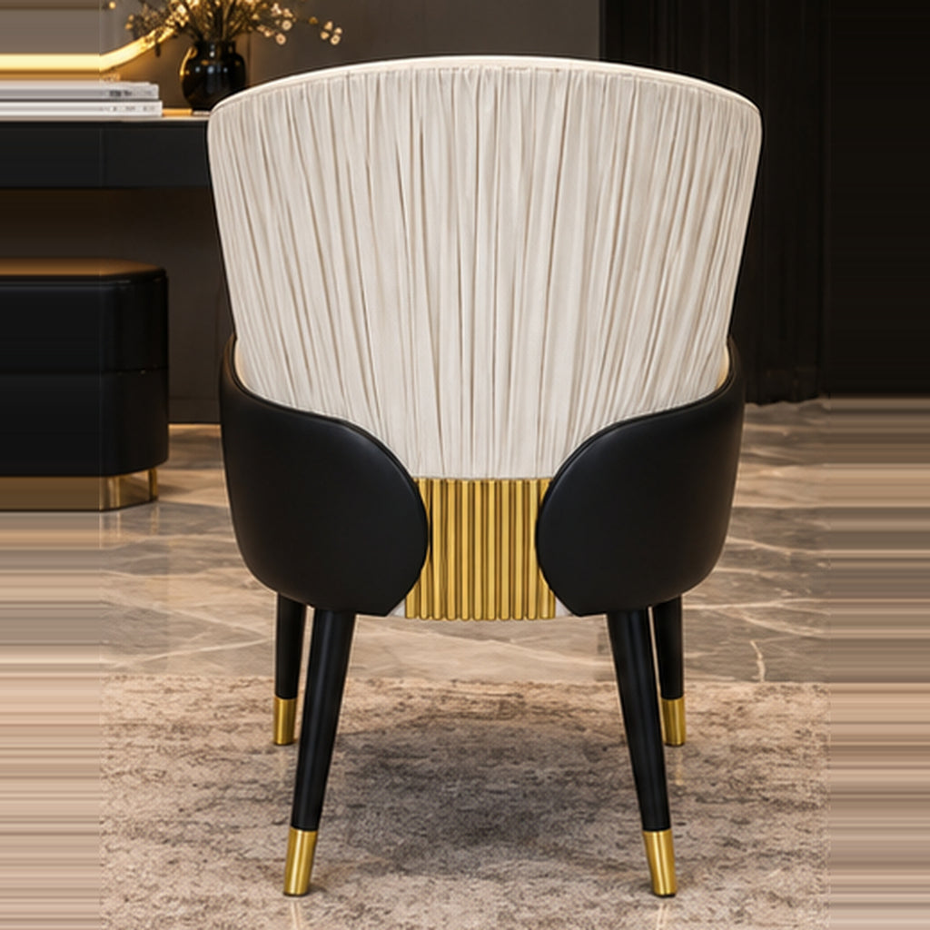 Designer Pleated-Back Accent Chair rear view showing pleated ivory back, black outer shell and gold centre detail