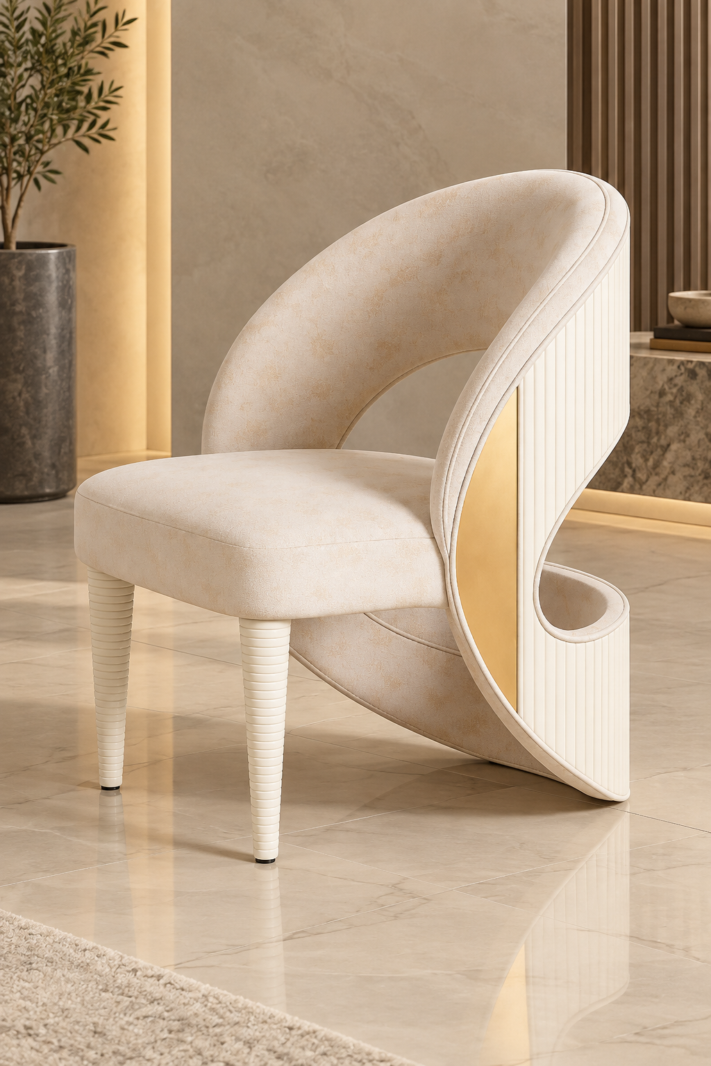 Sculptural Loop Accent Chair – Ivory & Gold Modern Statement Piece