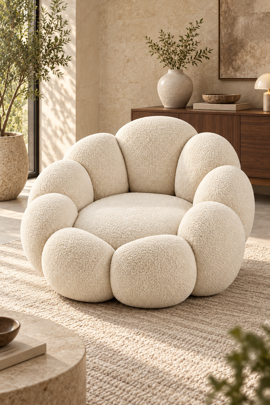 Eira Pebble Cocoon Lounge Chair in a warm contemporary living room, lifestyle view