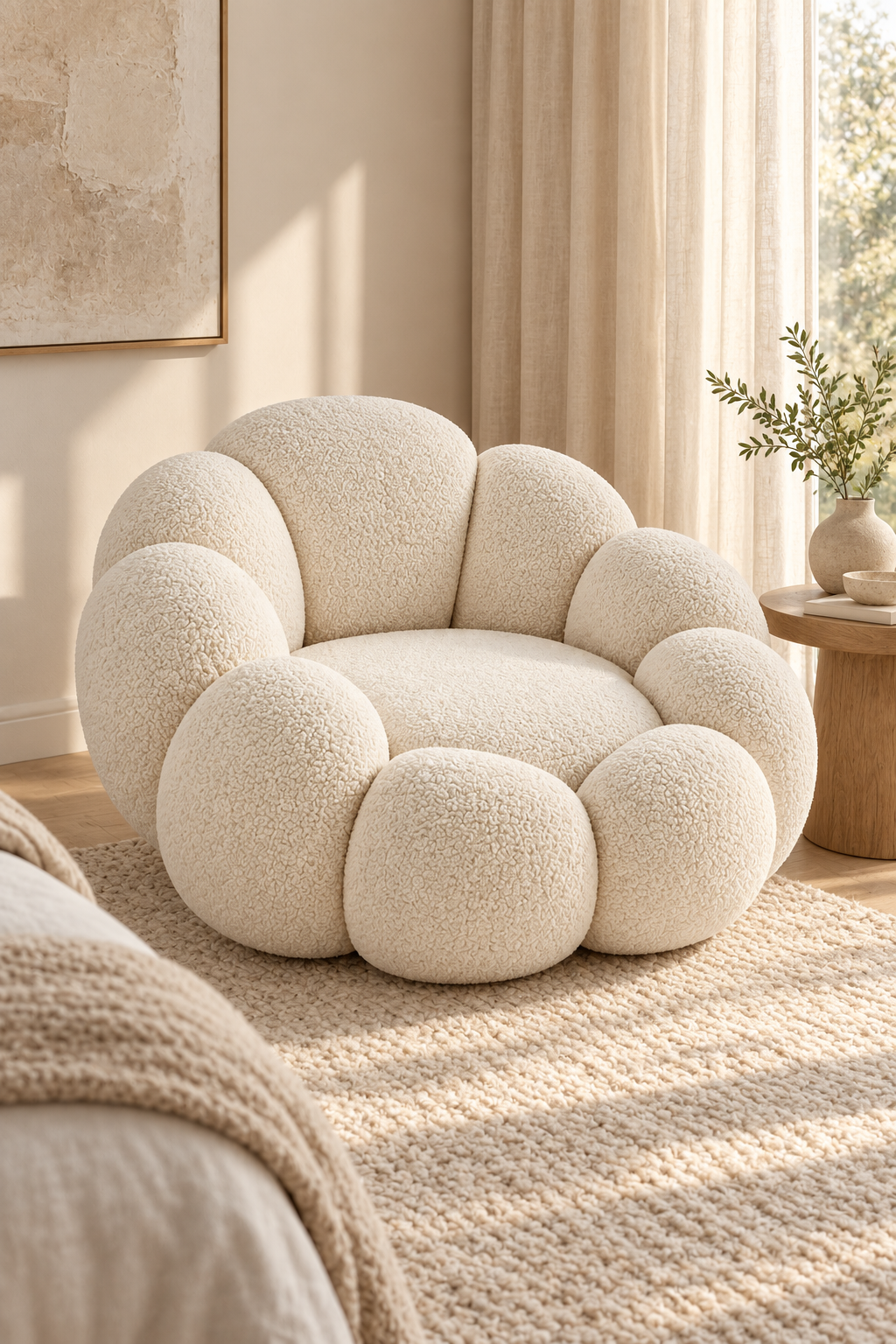 Eira Pebble Cocoon Lounge Chair in a contemporary bedroom sitting corner, lifestyle view