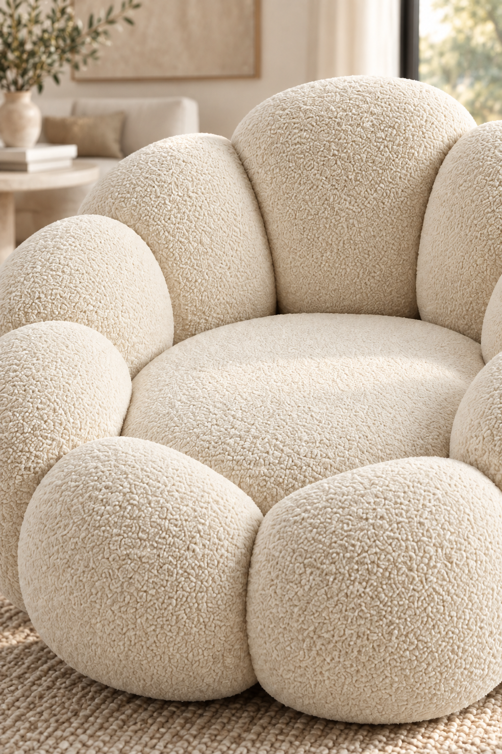 Close-up lifestyle detail of Eira Pebble Cocoon Lounge Chair ivory bouclé upholstery