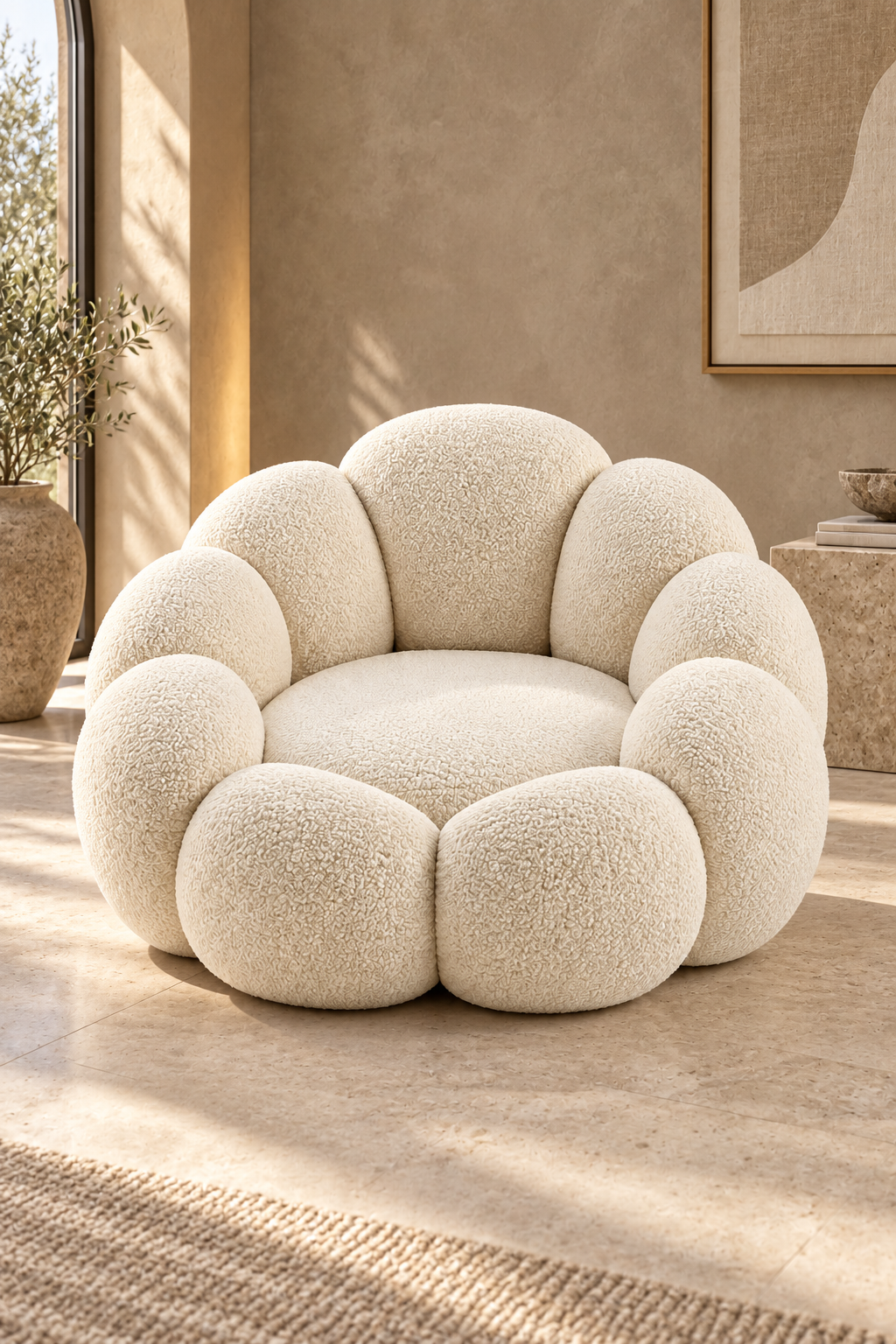 Eira Pebble Cocoon Lounge Chair in a calm luxury lounge, front lifestyle view