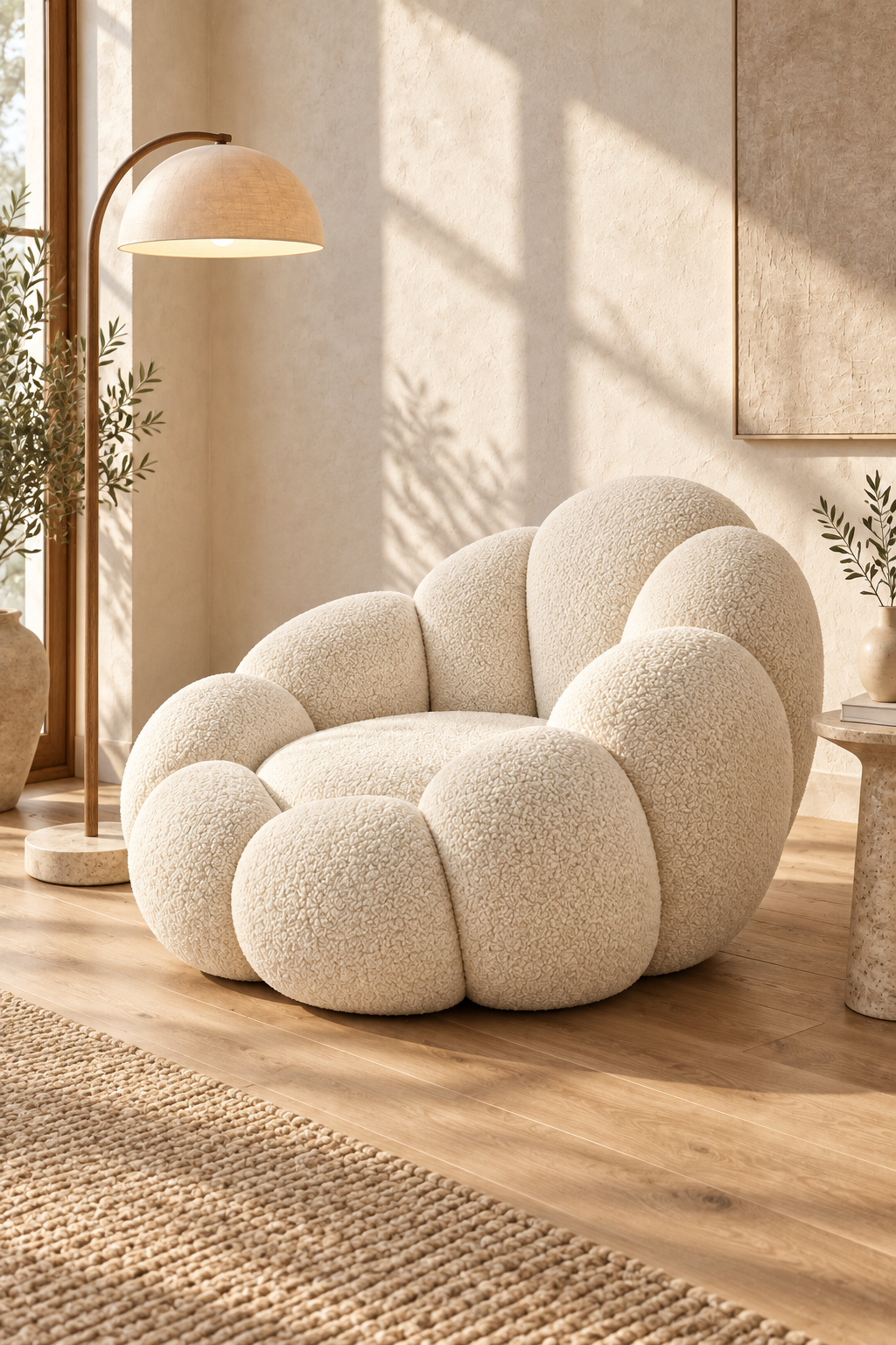 Eira Pebble Cocoon Lounge Chair in a sunlit reading corner, side lifestyle view