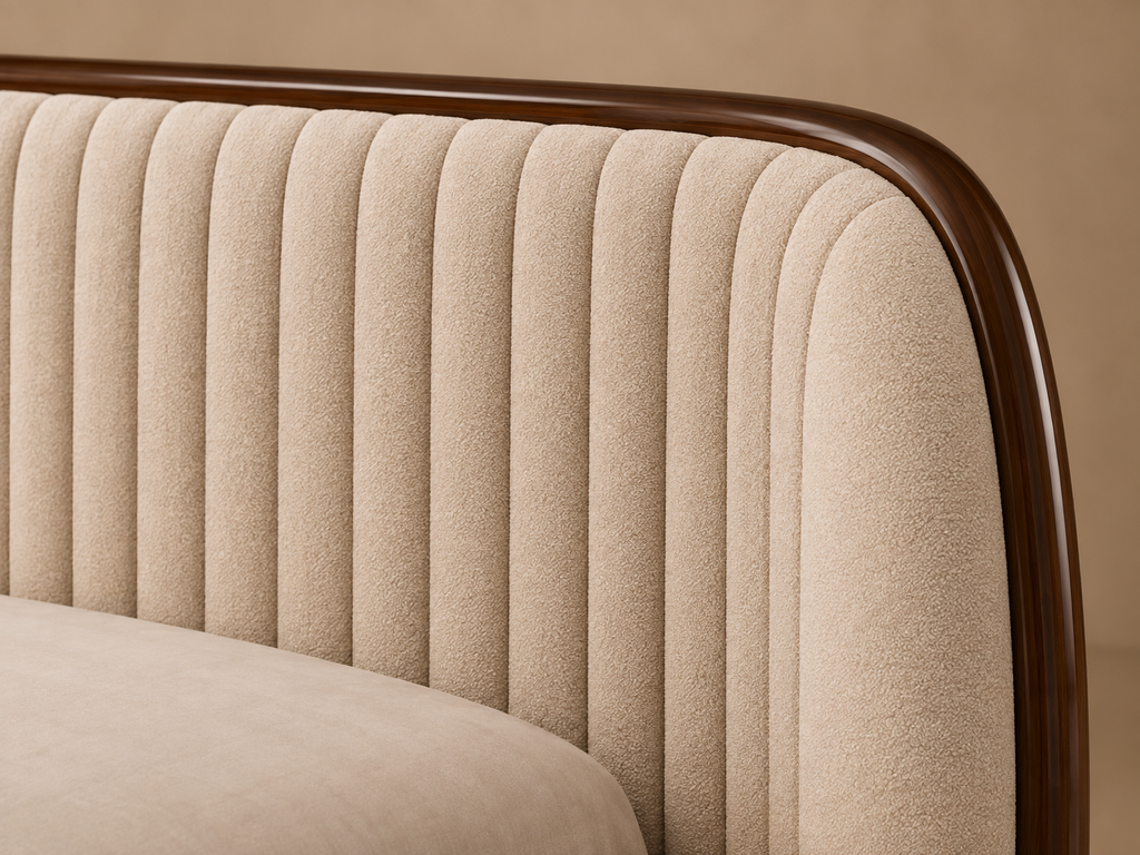 Elan Bed close-up showing premium boucle upholstery and vertical channel headboard detail