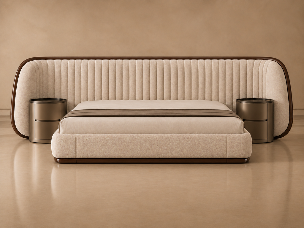 Elan Bed front view in beige boucle with sheesham wood running border by Z Galleria Lahore