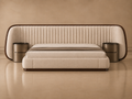 Elan Bed front view in beige boucle with sheesham wood running border by Z Galleria Lahore