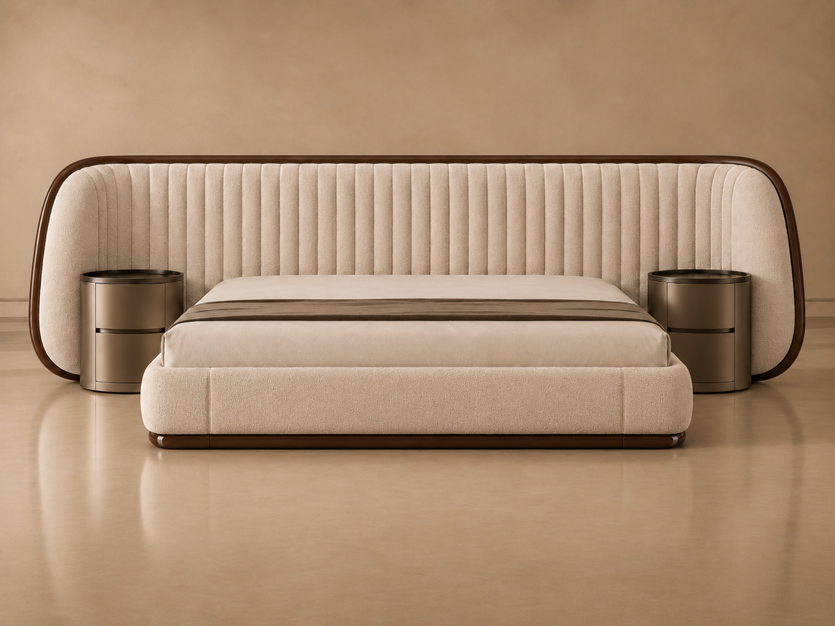 Elan Bed front view in beige boucle with sheesham wood running border by Z Galleria Lahore