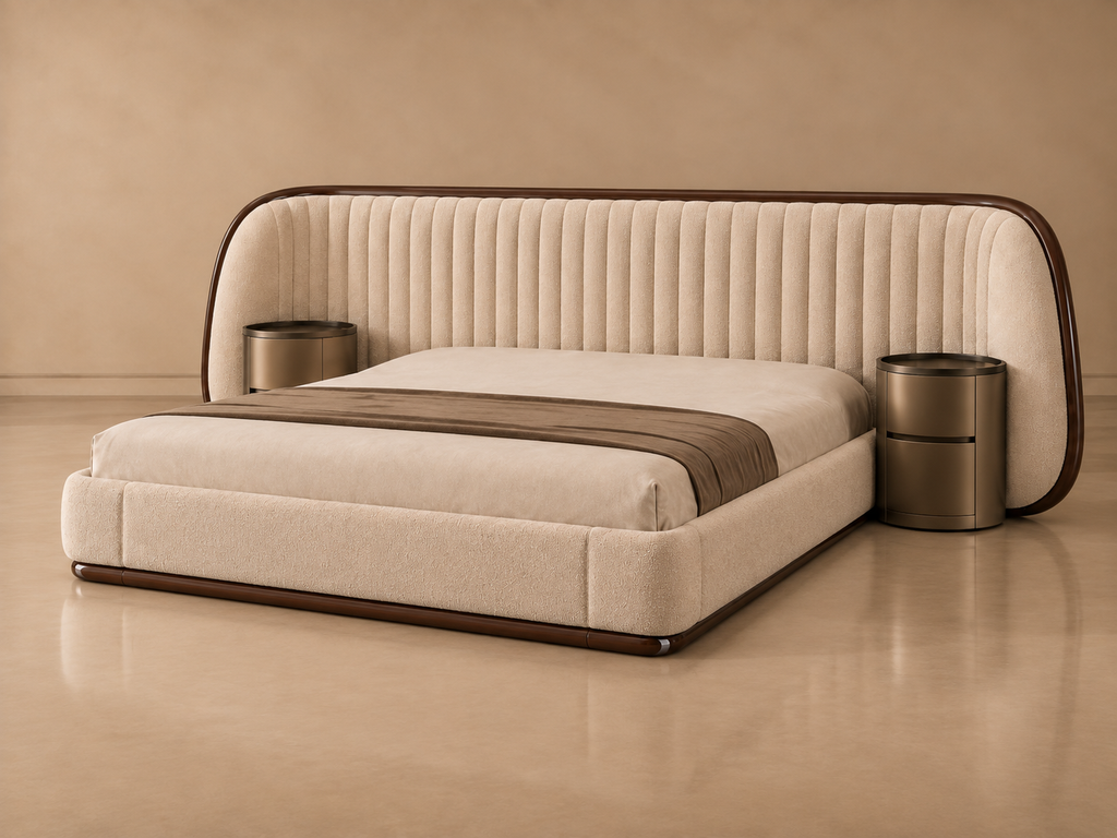 Elan Bed left angle with beige boucle upholstery and matching solid wood and MDF side tables