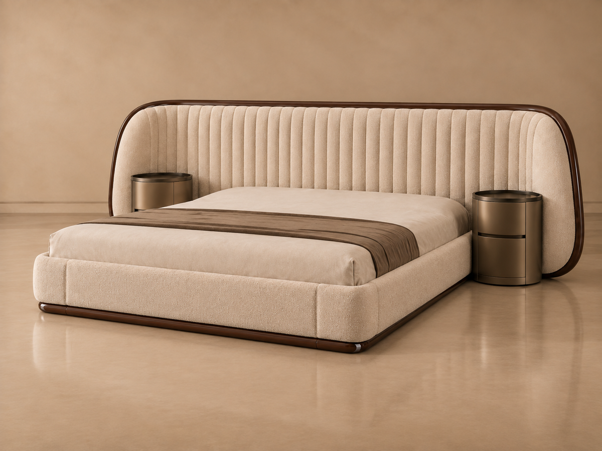 Elan Bed left angle with beige boucle upholstery and matching solid wood and MDF side tables