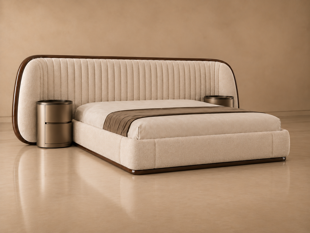 Elan Bed right angle showing curved headboard and sheesham wood running border