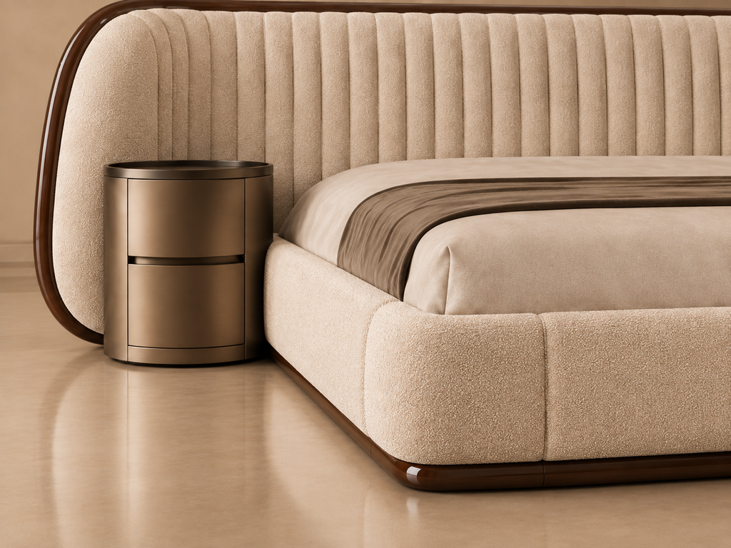 Elan Bed close-up showing solid wood and MDF side table with upholstered bed frame detail