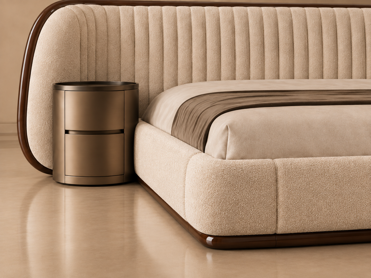 Elan Bed close-up showing solid wood and MDF side table with upholstered bed frame detail