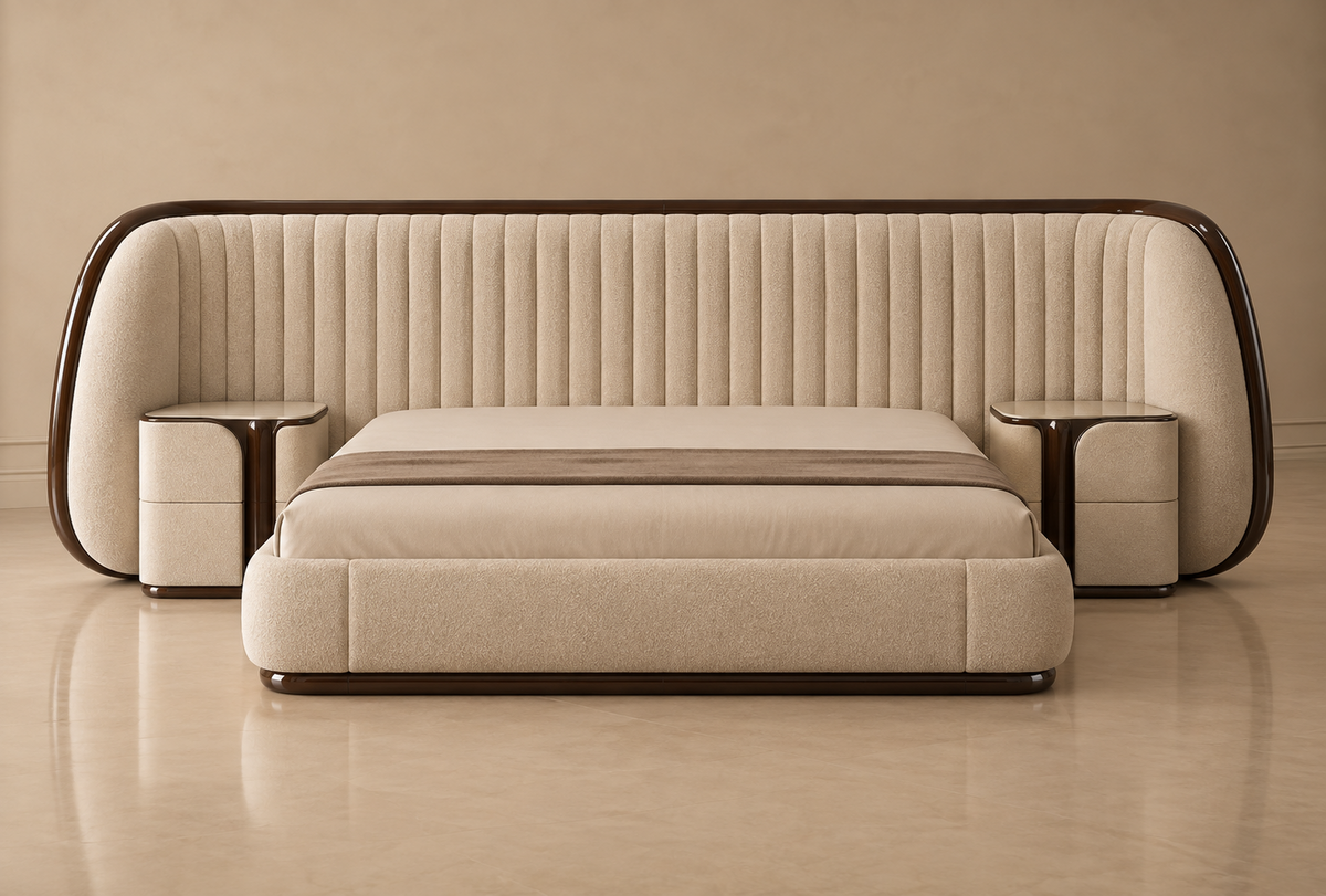Elan Bed in ivory boucle with dark walnut frame and matching side tables - Z Galleria