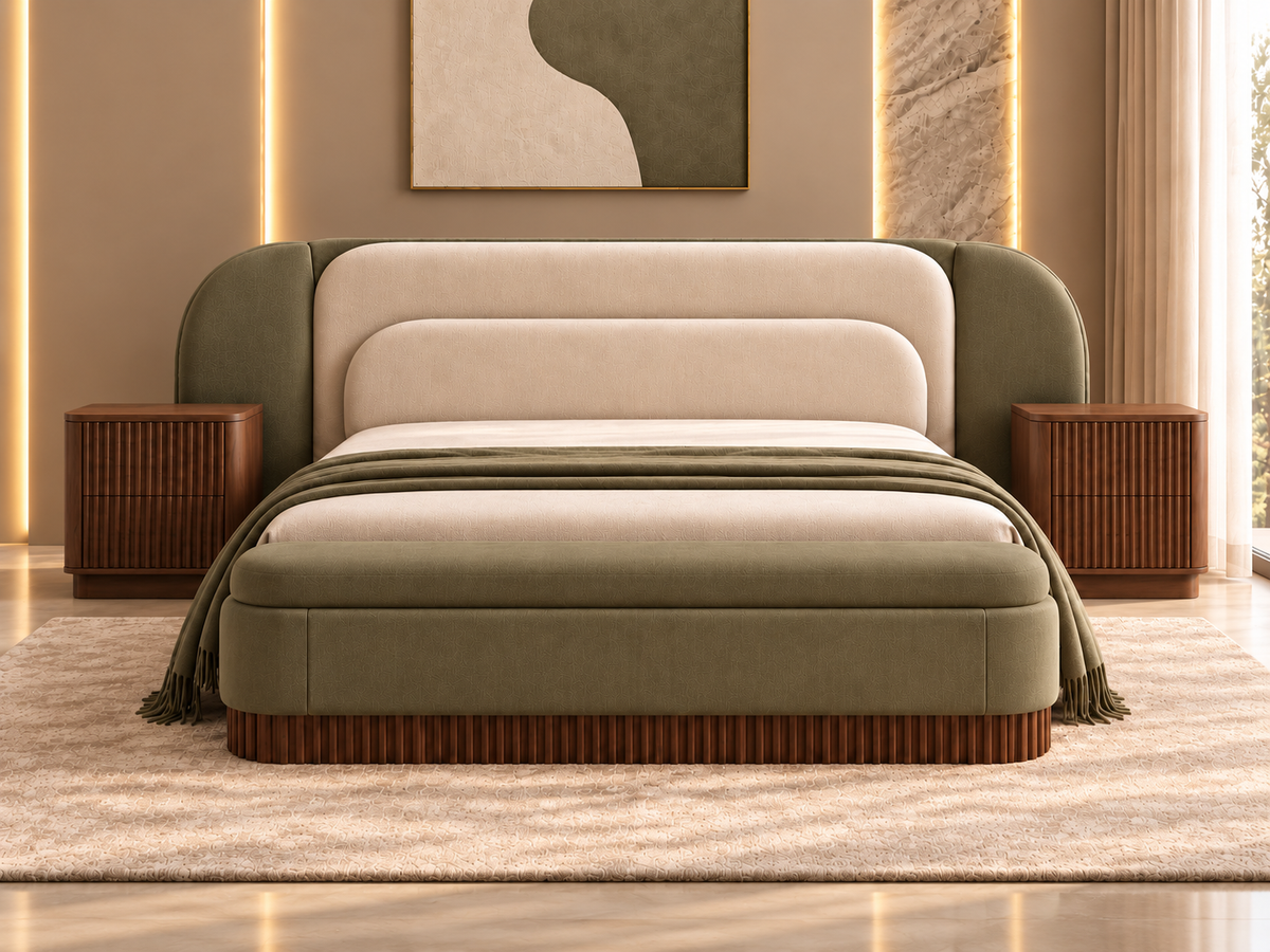 Elara Sage Bed Set front view in ivory and olive boucle with warm wood fluted detailing - Z Galleria