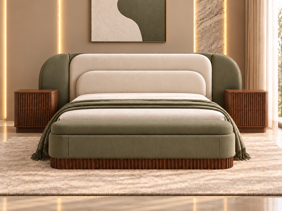 Elara Sage Bed Set in olive sage and warm ivory upholstery, with a layered rounded headboard, fluted wood base and two matching side tables.