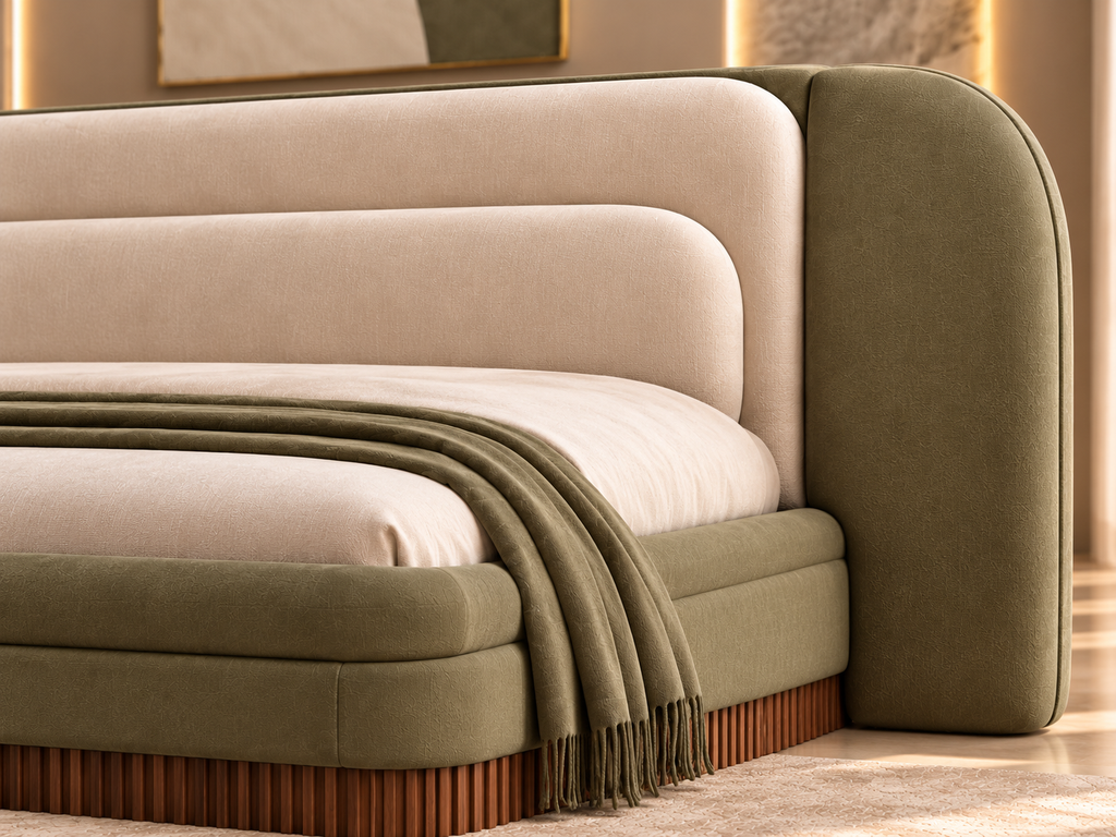 Close-up of Elara Sage Bed Set boucle upholstery and warm wood fluted base detailing