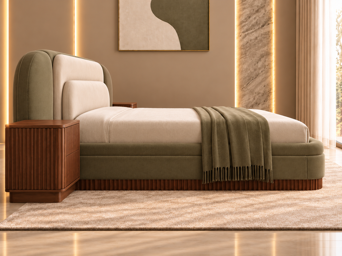 Side view of Elara Sage Bed Set with upholstered frame, fluted wood base and matching bedside table